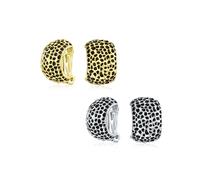 Conjunto de dos pendientes de clip en forma de media argolla con textura moteada de moda y estampado de leopardo para mujeres sin perforaciones, chapados en negro, plata y oro.