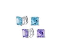 Conjunto de dos pendientes de clip tradicionales clásicos grandes con circonita cúbica de corte princesa cuadrado de 5CT en azul aqua lavanda AAA CZ para mujer, plateados, sin perforar, 12MM.