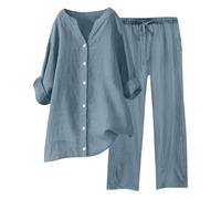 Conjunto de Dos Piezas de Lino con Camisa y pantalón Abotonado para Mujer, Informal, Holgado, para Playa, para principios de otoño, para Verano y Resort Cómodo de Llevar