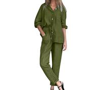 Conjunto de dos piezas de lino para mujer del Reino Unido, camisas de manga larga de verano con botones y pantalones de pierna ancha, conjunto de ropa de descanso, conjunto coordinado, traje de playa