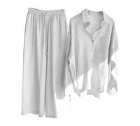 Conjunto de Dos Piezas de Lino para Mujer del Reino Unido en Oferta Talla Grande - Conjunto de Coordinados de Lino para Mujer Verano Manga Larga Camisas con Botón Ancho Pantalones de Pierna Ancha Ropa