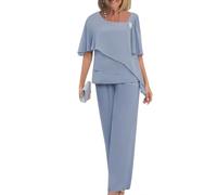 Conjunto de dos piezas de vestido de noche elegante de gasa y tul para mujer blusa y pantalón de talla grande para bodas cócteles festivales gasa pantalones anchos de pierna (Azul Gris,3XL)
