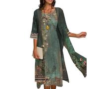Conjunto de dos piezas maxi vestido para mujer, cárdigan de gasa fluido, vestido midi con estampado floral para invitados de boda, con chaqueta de encaje, Boho*verde militar, XXX-Large