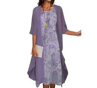 Conjunto de dos piezas maxi vestido para mujer, cárdigan de gasa fluido, vestido midi con estampado floral para invitados de boda, con chaqueta de encaje, Púrpura claro, Large