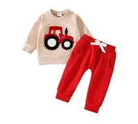 Conjunto de dos piezas para bebé y niño pequeño de chándal con diseño de tractor y coche sudadera de manga larga y pantalones conjunto cómodo para vestir diario (Red, 3-6 Months) #23