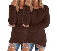 Conjunto de dos piezas para mujer con suéter de punto - suéter de cuello redondo para mujer Tops color puro sudadera manga larga tops primavera otoño cómodo sudadera ocio suéteres, marrón, XXL