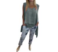 Conjunto de dos piezas para mujer, cuello redondo profundo, sin mangas, dobladillo irregular, tops de doble capa, leggings, pantalones de longitud completa con bolsillos, pantalones estampados