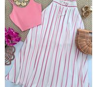 Conjunto de dos piezas para mujer de de temporada, top camisola, falda midi de vacaciones con estampado de rayas retro francés