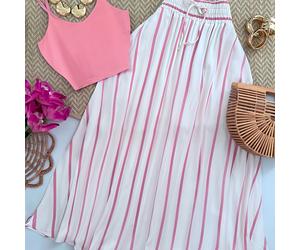 Conjunto de dos piezas para mujer de de temporada, top camisola, falda midi de vacaciones con estampado de rayas retro francés