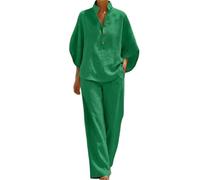 Conjunto de dos piezas para mujer en lino y algodón con mangas murciélago: Camisa casual y pantalones de pierna ancha, ideal para viajes y ocio. ¡Únete a la tendencia (Green,M)