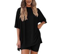 Conjunto de dos piezas para mujer, estilo casual, de gran tamaño, cuello redondo, media manga, pantalones cortos de motociclista, pantalones cortos ajustados a juego, ropa deportiva cómoda para