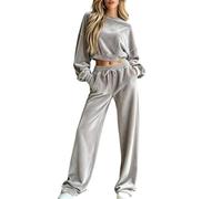 Conjunto De Dos Piezas Para Mujer: Jersey Corto Con Hombros Caídos Y Pantalones De Pierna Ancha. Conjuntos De Terciopelo Para Estar En Casa Para Mujer Ideales Para Otoño E Invierno. Ropa Informal