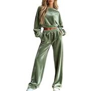 Conjunto De Dos Piezas Para Mujer: Jersey Corto Con Hombros Caídos Y Pantalones De Pierna Ancha. Conjuntos De Terciopelo Para Estar En Casa Para Mujer Ideales Para Otoño E Invierno. Ropa Informal