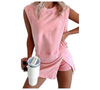 Conjunto de dos piezas para mujer, pantalón corto de algodón lavado, camiseta sin mangas de algodón lavado, cuello redondo, pantalones cortos de entrenamiento, rosa, S
