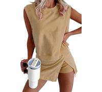 Conjunto de dos piezas para mujer, pantalón corto de algodón lavado, camiseta sin mangas de algodón lavado, cuello redondo, pantalones cortos de entrenamiento, amarillo, XL