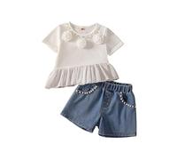 Conjunto De Dos Piezas para Niña 2026: Parte Superior De Punto Floral Y Short Vaquero con Cuentas, Estilo Casual Lindo para Verano (White, 5-6 Years)
