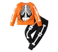 Conjunto de dos piezas ropa deportiva informal con estampado esqueleto dibujos animados manga larga para Halloween niños y niñas pequeños Trajes De Salir