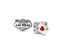 Conjunto de dos señales de puntos turísticos Nevada Vacaciones Viaje Bienvenido a Las Vegas & Ganador Casino Póker Jugando Aces Juego de Cartas As de Corazones Abalorio Encanto para Mujeres Plata de