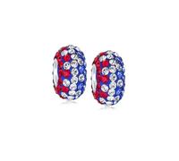 Conjunto de dos separadores de cuentas de cristal con rayas patrióticas rojas, blancas y azules, núcleo de plata esterlina .925, compatible con pulsera de encanto europea para mujeres