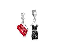 Conjunto de Dos Vestidos de Cóctel de Cristal de Moda Pequeño Vestido Negro & Bolso de Mano Rojo Cartera Bolso de Mano Colgante Encanto Abalorio Para Mujeres Para Adolescentes .925 Plata Esterlina