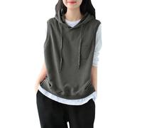 Conjunto de ducha con capucha sólida y moderna para mujer, sin mangas, con cordón, de gran tamaño, de nailon, para el otoño, leggings rojos de cintura alta, gris oscuro, L
