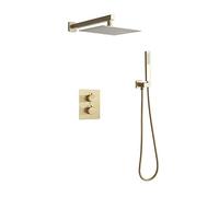 Conjunto de ducha de ducha de ducha de lluvia dorada de arbitraje de arbitraje termostático de 10 "juego de ducha de baño montado en la pared con cabeza de ducha, ducha de mano, cajón incrustado