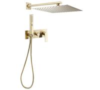 Conjunto de ducha monomando empotrado a pared con estructura cuadrada y acabado dorado cepillado Miño de Valaz - 25x25 cm