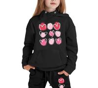 Conjunto de entrenamiento para niñas, 2 piezas, otoño 2025, con capucha, manga larga, gráfico, cómodo, estampado de corazón, pantalones de chándal para salir, correr, viajar, acogedor, Negro, 8-9 años