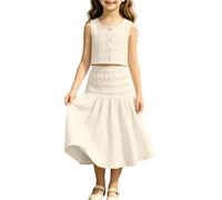 Conjunto de falda acampanada para niñas, sin mangas, con botones, chaleco corto sin mangas y falda larga elástica con volantes, para adolescentes, niñas, verano, casual, ropa deportiva cómoda