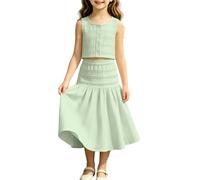 Conjunto de falda acampanada para niñas, sin mangas, con botones, chaleco corto sin mangas y falda larga elástica con volantes, para adolescentes, niñas, verano, casual, ropa deportiva cómoda
