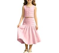 Conjunto de falda acampanada para niñas, sin mangas, con botones, chaleco corto sin mangas y falda larga elástica con volantes, para adolescentes, niñas, verano, casual, ropa deportiva cómoda