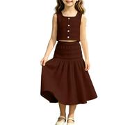 Conjunto de falda acampanada para niñas, sin mangas, con botones, chaleco corto sin mangas y falda larga elástica con volantes, para adolescentes, niñas, verano, casual, ropa deportiva cómoda