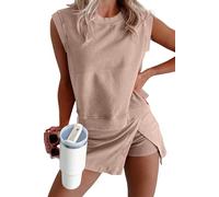 Conjunto de falda de algodón de 2 piezas con forro de tenis, faldas y chalecos casuales con abertura para mujer, conjuntos de viaje casuales de verano, caqui, M