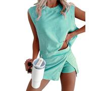 Conjunto de falda de algodón de 2 piezas con forro de tenis, faldas y chalecos casuales con abertura para mujer, conjuntos de viaje casuales de verano, verde claro, L