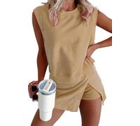 Conjunto de falda de algodón de 2 piezas con forro de tenis, faldas y chalecos casuales con abertura para mujer, conjuntos de viaje casuales de verano, amarillo, L