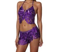 Conjunto de falda de lentejuelas para mujer, disfraz de danza del vientre, top brillante y minifalda con borlas, carnaval, fiesta, danza, escenario, actuación, Lila-9., Talla única
