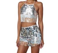 Conjunto de falda de lentejuelas para mujer, disfraz de danza del vientre, top brillante y minifalda con borlas, carnaval, fiesta, danza, escenario, actuación, blanco-1, Talla única