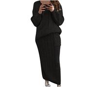 Conjunto de faldas y tops de punto de cable para mujer, suéter de manga larga, faldas midi ajustadas con bolsillo, traje de 2 piezas 2025, invierno, otoño, primavera, ropa casual en liquidación, Negro