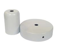 Conjunto de florón y portalámparas metálicos blancos, ideal para iluminación decorativa en interiores y exteriores.