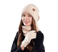 Conjunto de gorro bufanda, guante para mujer, invierno, gorro de punto forrado, forro polar, cuello y guantes de tres piezas, para mujer, gorro bufanda suave y cómodo, beige, Talla única