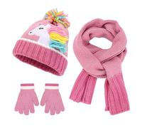Conjunto de Gorro Bufanda y Guantes de Invierno para Niños, Sombrero de Punto Térmico con Patrón de Unicornio y Pompon, Cálido Beanie Gorra Invierno Set para Niñas 3-6 Años (Rosa 2)