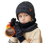 Conjunto de Gorro, Bufanda y Guantes para Niños de 3PCs, Gorro de Punto con Forro Polar Cálido Calentador de Cuello Térmico con Guantes de Pantalla Táctil Esenciales de Invierno Para Niños