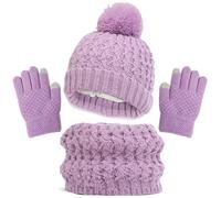 Conjunto de gorro de invierno para niños, guantes y bufanda, sombreros con pompón de punto, polaina, guantes con forro polar, Morado (, 1-6 años