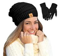 Conjunto de gorro y guantes,Conjunto de manoplas cálidas e impermeables al viento | Guantes De Invierno De Color ,Para Niñas Correr Paseando Perro Senderismo Nieve Al Aire Libre, Negro , Se