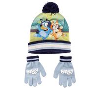 Conjunto de Gorro y Guantes de Bluey - Color Azul y Blanco - Talla Única - Elaborados en Acrílico y Poliéster - Estampado de Bluey y Bingo - Producto Original Diseñado en España