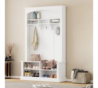 Conjunto De Guardarropa Con Banco Y Estante Para Zapatos, Banco Multifuncional Con 3 Ganchos Colgantes Y Espacio Abierto, Almacenamiento Rectangular Y Estantes, Blanco, H190 x B120 x T40 cm