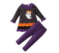 Conjunto de Halloween para niñas, Camiseta Manga Larga y pantalón, Disfraz Dos Piezas con Estampado Calabaza Pavo, Ribete Encaje, Ropa Fiesta Informal Trajes De Mujer Vestir Rojo