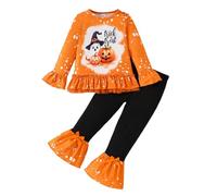 Conjunto de Halloween para niñas, Linda Blusa Manga Larga con Estampado Calabaza y Pantalones Acampanados Ribete Encaje, Disfraz Fiesta Infantil Trajes De Indios
