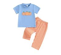 Conjunto de Halloween para niños pequeños, Conjunto Verano, Camiseta Informal Manga Corta con Bordado Calabaza, Pantalones Cortos a Cuadros, Ropa Juego 2 Piezas Traje Quirúrgico