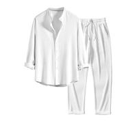 Conjunto de hombre chic de 2 piezas con camisa de manga larga con cuello Mao + pantalón elástico liso a rayas, conjunto de hombre, otoño, invierno, deporte, informal, talla grande + pantalones chándal